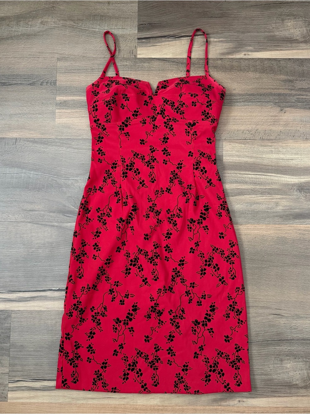 Vintage 90s Y2K Red Vampy Spaghetti Strap Black Flocked Velvet Floral Midi Dress